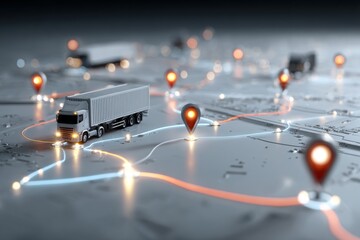 A truck is driving down a road with a map of the route on the ground. background transportation concept.