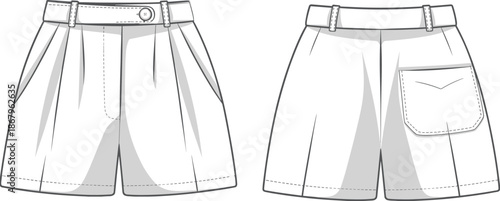 Women shorts technical fashion illustration front and back view, flat apparel design template for clothing manufacturing, pattern making, and textile production