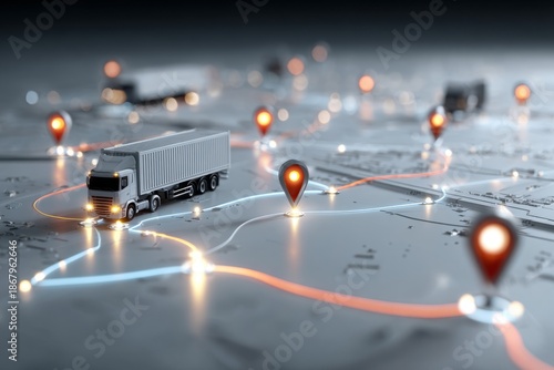 A truck is driving down a road with a map of the route on the ground. background transportation concept.