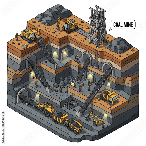 Isometric Coal Mine Illustration with Machinery.