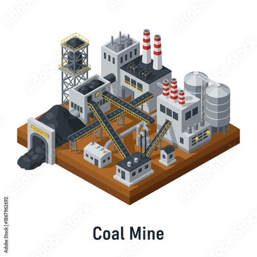 Isometric Coal Mine Illustration with Industrial Buildings.
