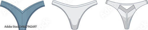 Women underwear illustration collection showing thong panties front view, flat fashion technical design for lingerie, apparel manufacturing, and clothing templates
