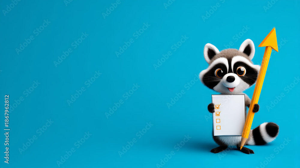 Obraz premium Raccoon holding checklist and large yellow arrow on blue background, symbolizing goal setting and progress with cheerful expression