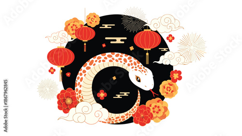 A vibrant illustration for the Chinese New Year featuring the powerful snake zodiac sign surrounded by lanterns, clouds, and festive flowers.