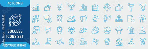 Success Line Icon Set. Target, Achievement, Strategy, Motivation, Winner, Mission, Competition, Goal, Progress, Growth and Performance Icons. Editable Outline Stroke. Vector Illustration