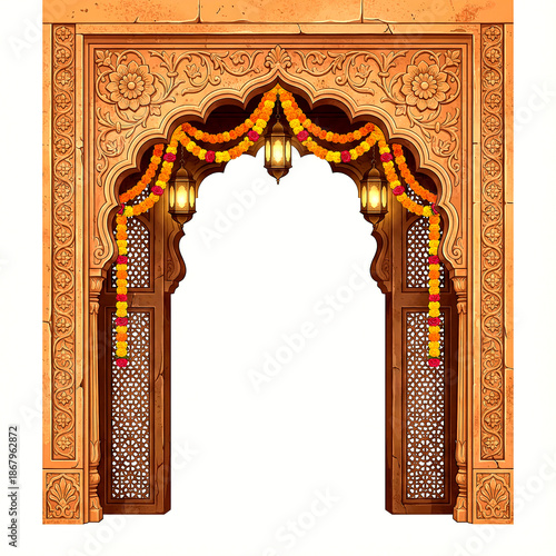 Traditional Indian archway with intricate carvings and floral patterns adorned with yellow isolated on a transparent background