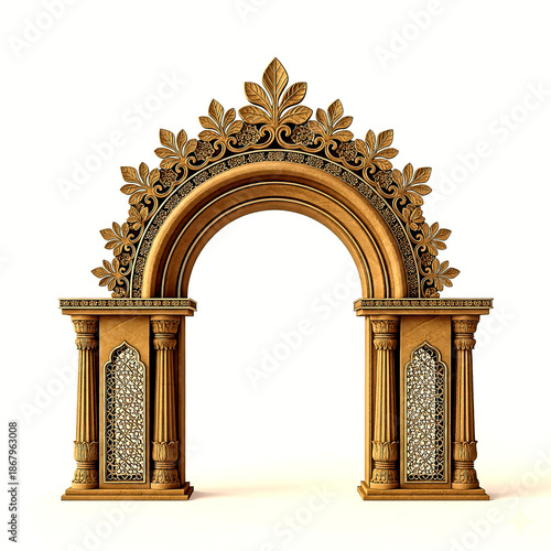 Elaborate golden archway with ornate floral and leafy patterns and intricate detailing on isolated on a transparent background