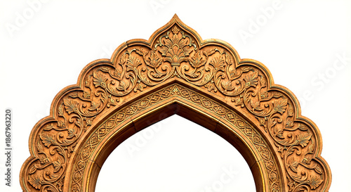 Ornate golden archway with intricate floral and geometric carvings in traditional isolated on a transparent background