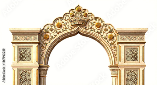 Ornate golden archway with intricate floral carvings and geometric patterns in traditional isolated on a transparent background
