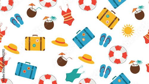 A fun and vibrant seamless pattern with colorful summer travel icons like suitcases, flip-flops, bikinis, and coconut cocktails.