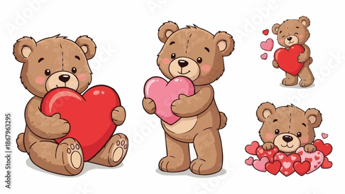 Cute cartoon teddy bears holding and surrounded by hearts.