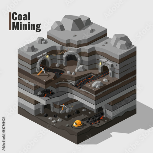 3D Isometric Coal Mine Model Illustration.