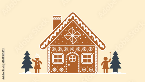 A whimsical illustration of a beautifully decorated gingerbread house with two children and pine trees in a cozy winter Christmas scene.