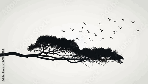 Silhouette of a pine tree branch with a flock of birds flying away.