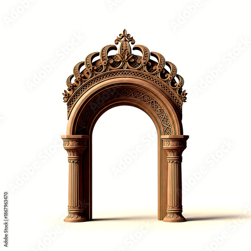 Ornate wooden archway with intricate carvings and detailed patterns in a classical style isolated on a transparent background