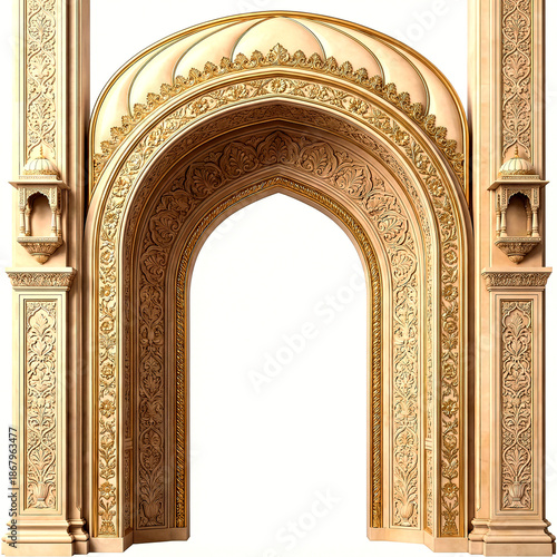 Ornate golden archway with intricate floral carvings and symmetrical patterns on a white background isolated on a transparent background