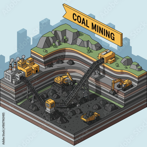 Isometric Coal Mining Operation with Machinery.