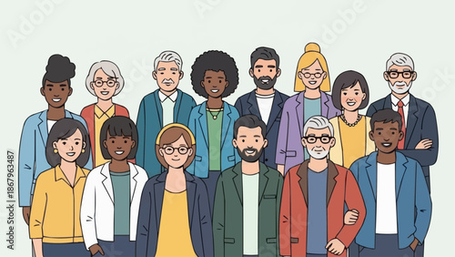 Diverse group of people standing together in a line.