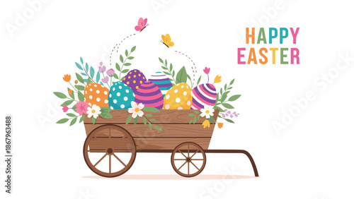 A cheerful 'Happy Easter' greeting card featuring a wooden cart filled with colorful decorated eggs, spring flowers, and butterflies.