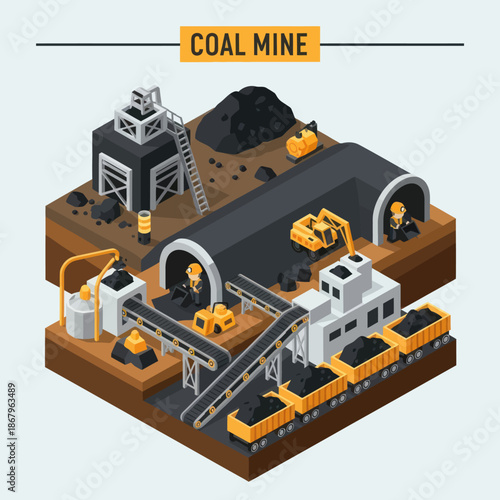 Isometric Coal Mine Illustration with Machinery.