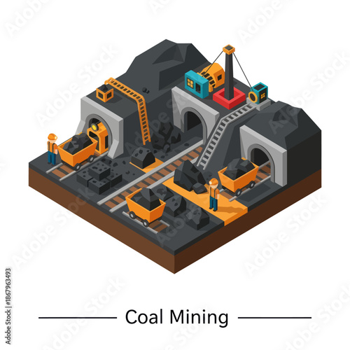 Coal Mining Operation Isometric Illustration.