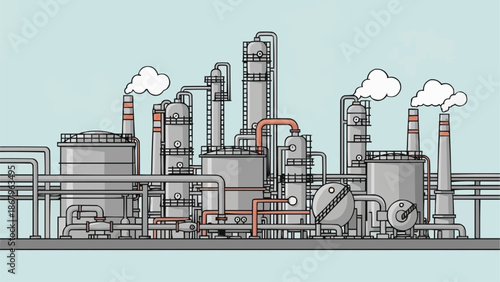 Industrial factory with smoke coming out of chimneys and pipes.