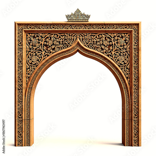 Ornate wooden archway with intricate carvings and detailed patterns in a classical style isolated on a transparent background
