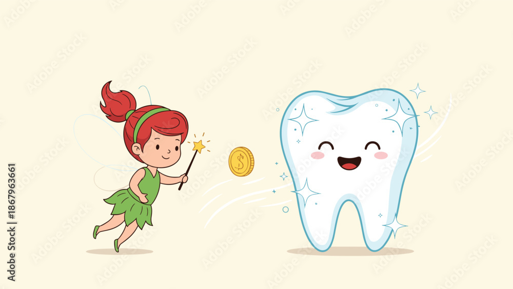Fototapeta premium A cute cartoon of the tooth fairy with a magic wand giving a gold coin to a happy, sparkling clean tooth character for dental care.
