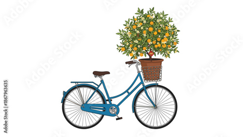 A charming illustration of a vintage blue bicycle with a basket carrying a blossoming orange tree, isolated on a white background.
