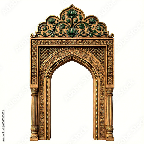 Ornate golden archway with green floral carvings and lattice panels on a white background isolated on a transparent background