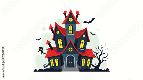 A spooky and whimsical haunted house illustration with glowing yellow windows, ghosts, and bats, perfect for a Halloween night scene.