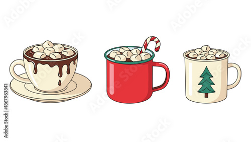 A cozy set of three festive mugs of hot chocolate topped with marshmallows, including one with a candy cane, perfect for winter holidays.