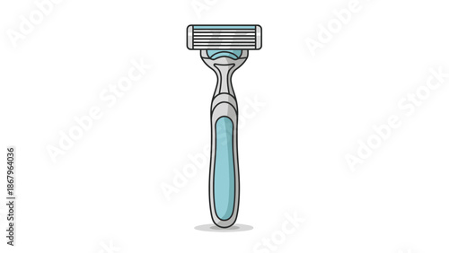 Close up of a modern multi blade shaving razor with a light blue handle against a white background