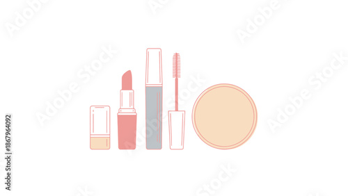 Cosmetic Products Lineup Lipstick Mascara and Face Powder for Beauty Routines