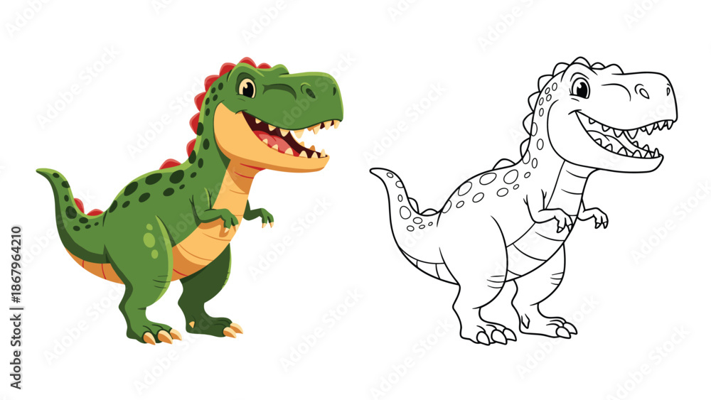 Fototapeta premium A happy green cartoon Tyrannosaurus Rex dinosaur shown in full color and as a black and white line art version for a children's coloring page.