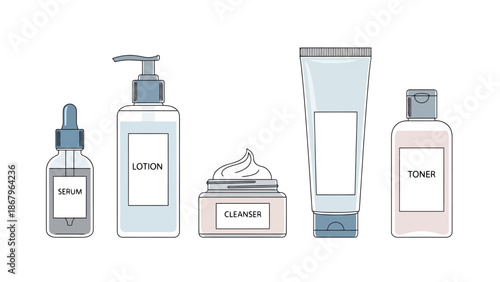 Collection of Skincare Containers Serum Lotion Cleanser Cream and Toner Bottles