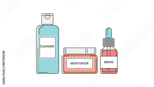 Skincare Routine Collection Cleanser Moisturizer Serum Bottles