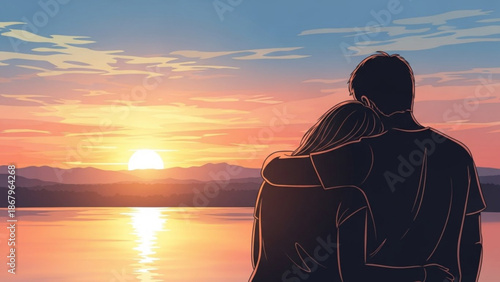 Couple embracing and watching a vibrant sunset over the ocean symbolizing love and romance perfect for travel and lifestyle concepts