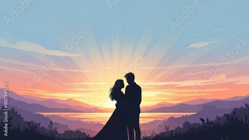 Silhouette of a couple embracing against a vibrant sunset over mountains and a lake symbolizing love and romance perfect for wedding or travel themes