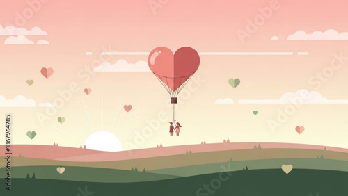 Romantic hot air balloon shaped like a heart carrying a couple over a serene landscape at sunset perfect for Valentines Day or love-themed concepts