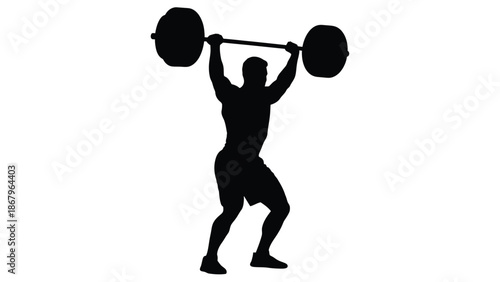 Silhouette of a powerful weightlifter successfully completing an overhead barbell press or jerk lift showcasing peak athletic strength and fitness dedication against a white background