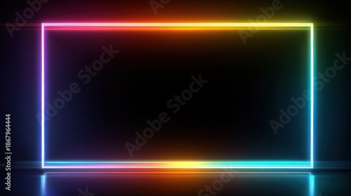 Vibrant Neon Rectangle Frame Glowing With Rainbow Colors On Dark Reflective Surface And Black Background