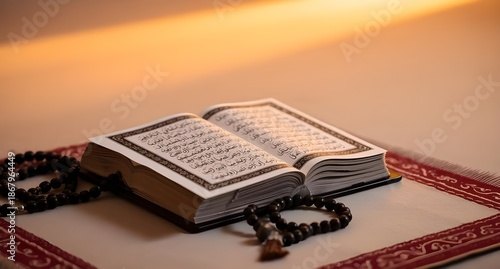 holy Quran on prayer mat, ramadan concept, minimalist and elegant background
