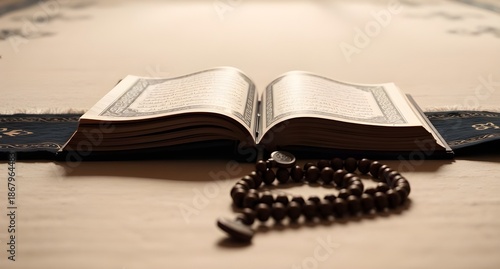 holy Quran on prayer mat, ramadan concept, minimalist and elegant background