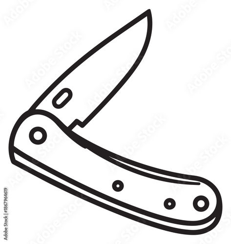 Hand drawn line art illustration of a folding knife depicting being partially open for outdoor activities