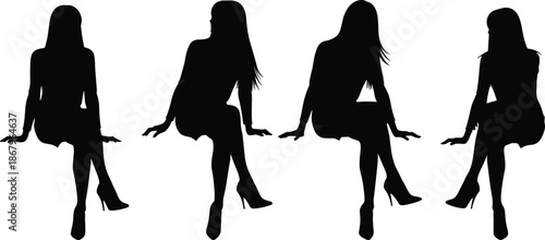 Woman sitting silhouette collection in elegant pose with crossed legs, fashion female figure illustration on white background