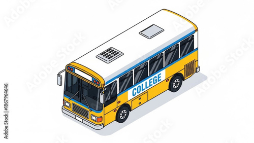 Yellow college bus with blue stripe and white roof