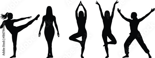 Woman yoga and fitness silhouette poses with stretching, balance and dance movement, active lifestyle illustration on white