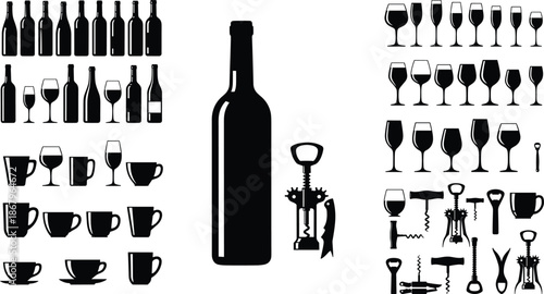 Wine bottle and drinking glass silhouette collection with corkscrew opener and cup icons beverage utensils vector illustration set