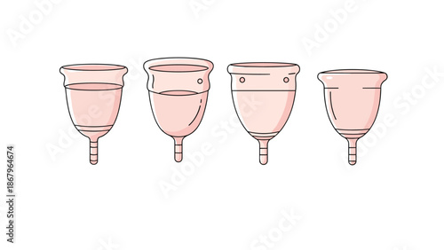 A set of four illustrations showing a pink menstrual cup at different fill levels, representing feminine hygiene and period care.